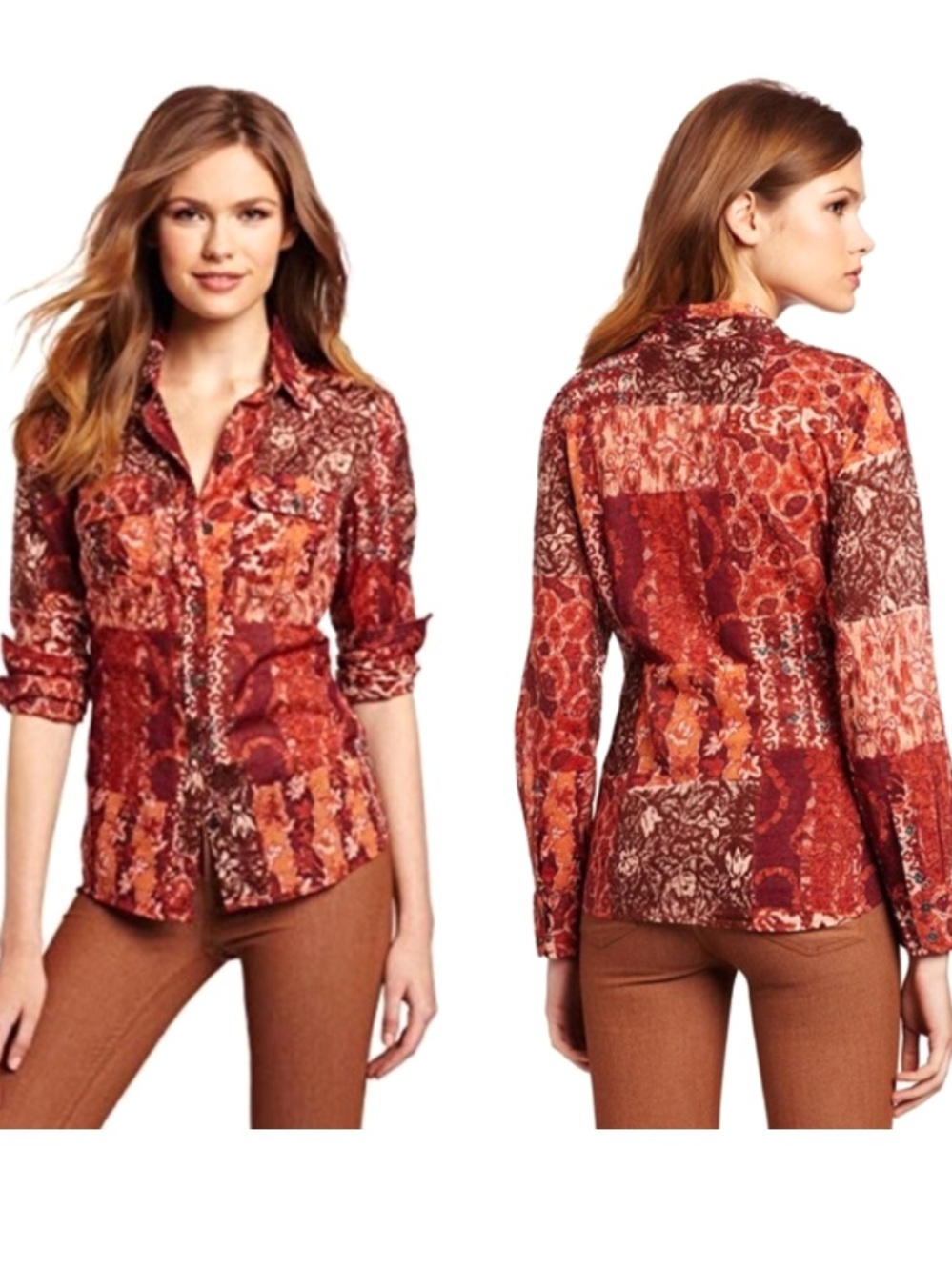 Lucky Brand Multicolor Button Down Patchwork Long Sleeve Bohemian Boho Top